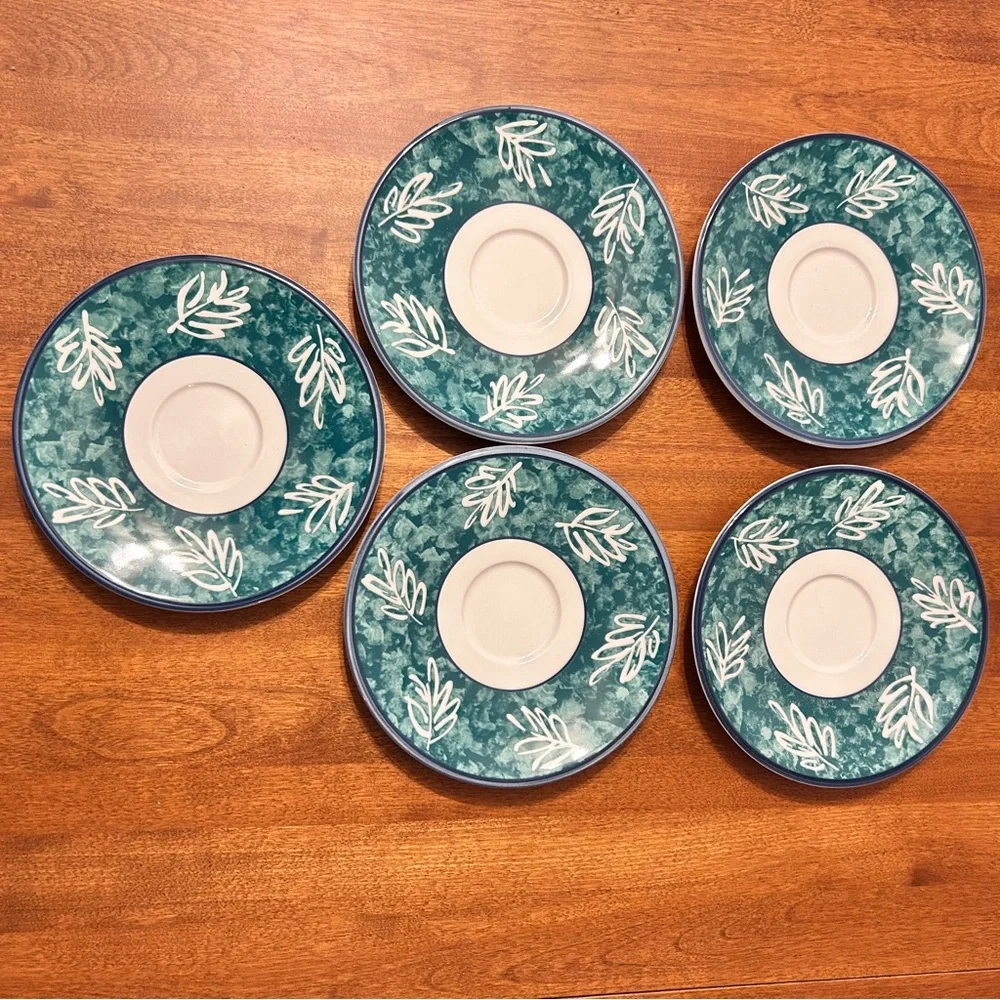 Mikasa Fashion Plate Leaf Song White Teal Ironstone Cups Mug Saucer 2 SETS